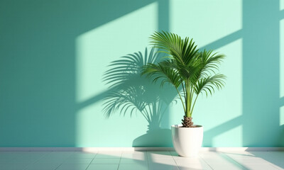 Fototapeta premium Potted Palm Plant Casting Shadow on Teal Wall