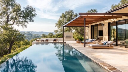 Fototapeta premium Daytime scene of a modern home with a pergola-shaded lounging area by an infinity pool, overlooking scenic natural surroundings