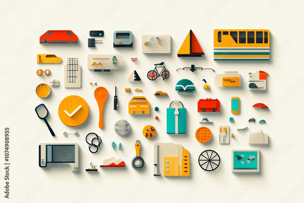 Poster colorful flat design icons of various objects on a white background.