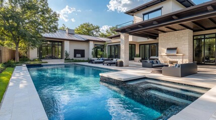 Fototapeta premium Daytime view of a sleek contemporary home with a luxurious pool and pergola, featuring outdoor sofas and landscaping for a stylish retreat