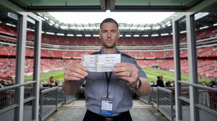 Man Holding Tickets in Front of Stadium