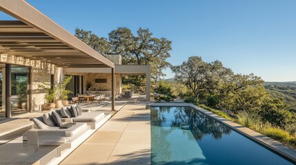 Fototapeta premium Modern architectural home with a pergola-shaded poolside area, lush landscaping, and minimalistic furniture for a relaxing retreat