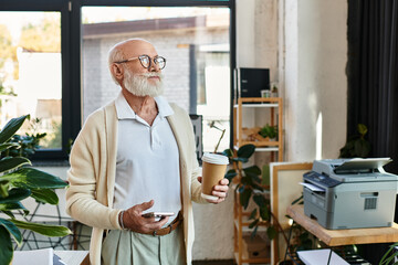 A well-dressed senior businessman holds a coffee cup and smartphone, contemplating ideas in a bright office.