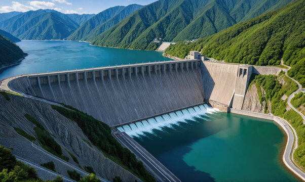 A large dam sits in a valley, surrounded by green hills and a blue reservoir