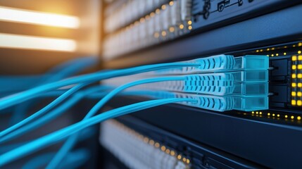 Naklejka premium Close-up of network cables connected to a server in a data center, illustrating modern technology and connectivity.