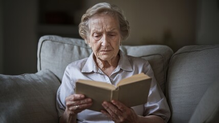 Senior Woman Relaxing with a Book on a Cozy Couch