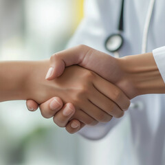 Doctor in hospital shaking hands with patient. Health care visit to medical clinic with agreement handshake