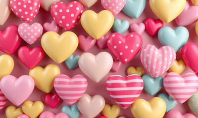 Fototapeta premium Colorful heart shapes in various sizes and patterns create cheerful and playful atmosphere, perfect for celebrations or decorations