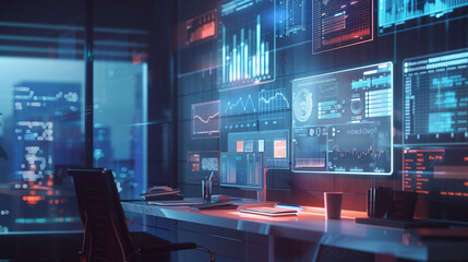 AR display of an interactive financial dashboard with real-time payment updates, business transactions, and currency exchange rates appearing above a desk.