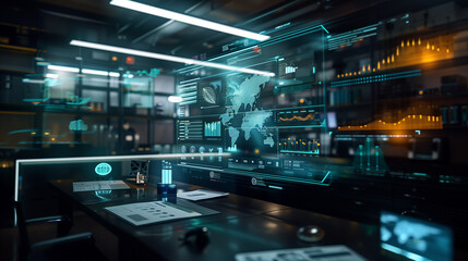 AR display of an interactive financial dashboard with real-time payment updates, business transactions, and currency exchange rates appearing above a desk.