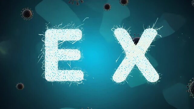 letters "E" and "X" formed from virus-like particles, surrounded by floating viral structures in a digital environment