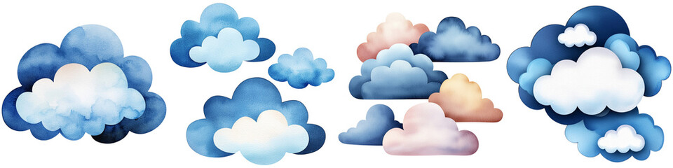 Fototapeta premium A collection of whimsical clouds in various shapes and shades of blue and white, creating a dreamy and serene atmosphere.