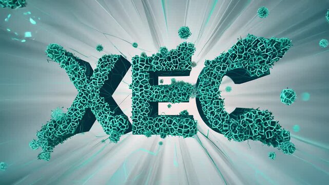 3D representation of the letters "XEC" made up of particles with a dynamic, futuristic background, resembling a digital or virus-related concept