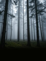 Fototapeta premium Moody forest with dense fog and mist covering tall trees and moss-covered ground, atmospheric, peaceful