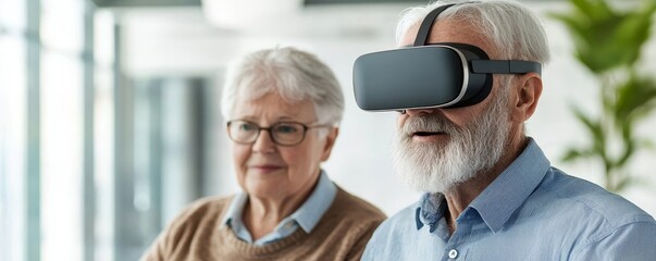 An elderly couple engages with virtual reality technology, highlighting innovation and enjoyment in modern experiences for seniors.