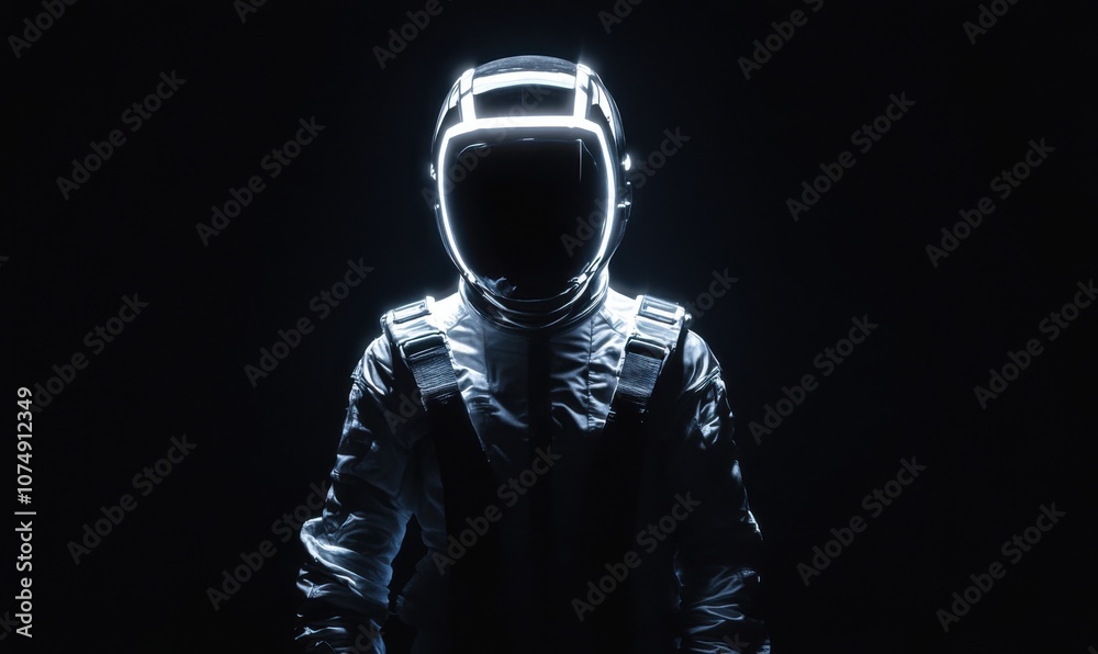 Poster front view of an astronaut in a dark background, wearing a black space suit. the helmet has a white 