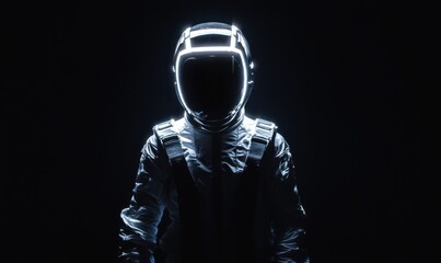 Front view of an astronaut in a dark background, wearing a black space suit. The helmet has a white...