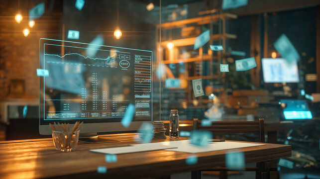 Augmented reality display of seamless digital cash flow, with currency symbols, transaction data, and financial graphs floating around a business workspace. - Powered by Adobe