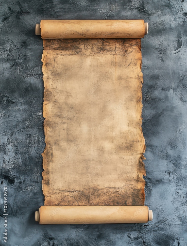 Poster A large blank ancient medieval scroll with distressed texture and worn edges on a dark grey background. It has no text or symbols, creating space for custom designs or messages.