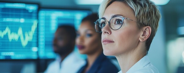 A focused professional observes data trends on screens, engaged in a dynamic environment with colleagues.