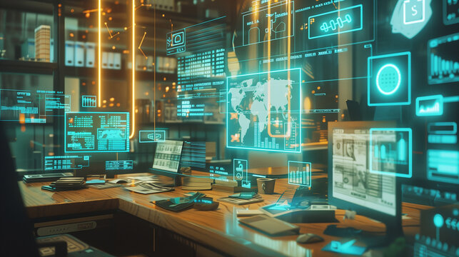 Augmented reality display of seamless digital cash flow, with currency symbols, transaction data, and financial graphs floating around a business workspace.