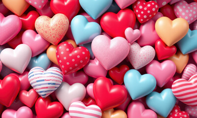 Fototapeta premium vibrant collection of colorful hearts in various sizes and patterns, creating joyful and romantic atmosphere. Perfect for celebrations and decorations
