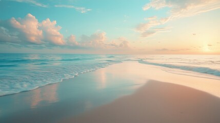 Obraz premium Beach scene, smooth sand, peaceful coastal view with pastel sky and dawn light