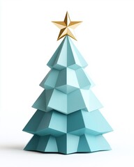 Fototapeta premium Geometric Blue Tree with Golden Star Decoration for Festive Season Celebrations and Holiday Decor in Minimalist Style