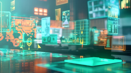 Augmented reality display of seamless digital cash flow, with currency symbols, transaction data, and financial graphs floating around a business workspace.