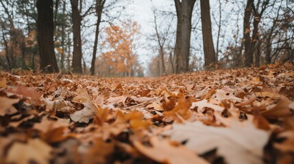 Autumn pathway covered in fallen leaves, with trees lining the walk in a tranquil forest setting during overcast weather