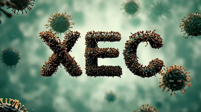 word "XEC" formed from virus-like particles, surrounded by floating viral structures in a scientific, digital environment
