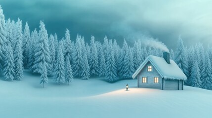 Naklejka premium Cozy cabin nestled in a serene, snow-covered forest under a moody winter sky, AI