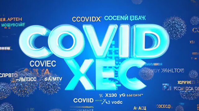 3D representation of "COVID XEC" surrounded by various text elements and virus particles, set against a digital, high-tech background