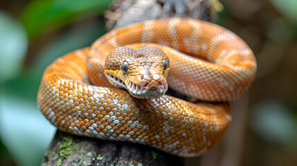 Obraz premium Amazon Tree Boa coiled around a tree branch, its scales glistening in the light