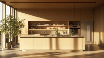 Modern Kitchen Interior with Warm Sunlight