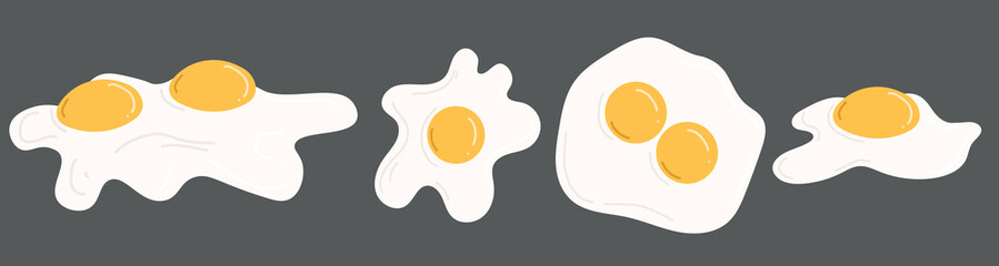 Set of fried eggs with one or two yellow yolks with side or top view. Hand drawn vector illustration in flat style. Tasty breakfast meal, natural product, healthy nutrition, kitchen design, sticker