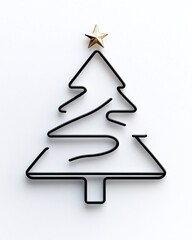 Fototapeta premium Minimalist Black Line Art Christmas Tree with Gold Star Accent for Modern Holiday Decor and Festive Celebrations