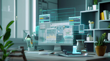 Augmented reality visualization of multiple online payment gateways, digital wallets, and transaction logs displayed above a modern desk setup.