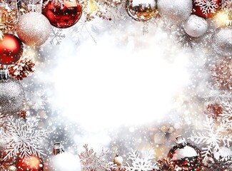 Christmas greeting card, with a large blank white space in the center for text, surrounded by snowflakes and ornaments around the edge of the frame