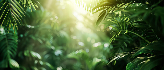 Rainforest. Close up of tropical palm leaves with warm sunlight at jungle forest. Green foliage botanical natural background. Exotic wallpaper. Generative ai