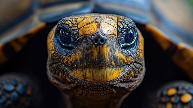 A close-up photograph of a turtle showcasing intricate patterns on its shell and skin with a focus on its deep, captivating eyes