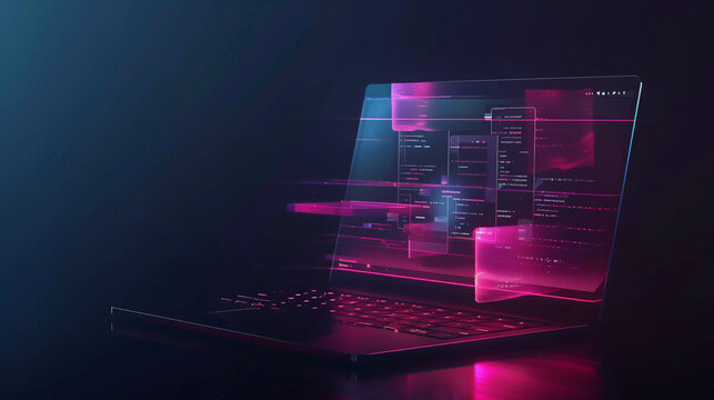 Business laptop screen with a floating hologram displaying digital financial transactions, invoices, and secure payment gateways in real-time.