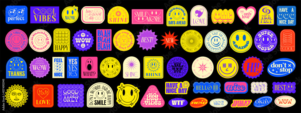 Poster cool stickers pop art collage vector design. groovy patches pattern. y2k smile badges.