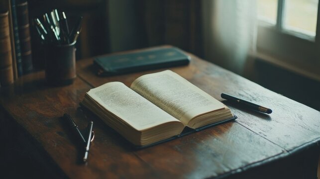 Minimalist desk with a single book open and pens nearby