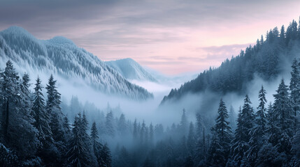 Obraz premium Snow covered mountains. Great Smoky Mountains National Park: Panoramic view of misty, snow-covered peaks at sunrise.