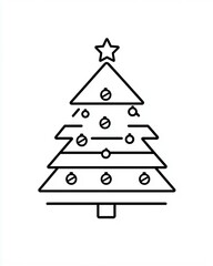 Minimalistic Line Art Christmas Tree Design with Star and Ornaments for Holiday Themes, Decorations, and Festive Celebrations