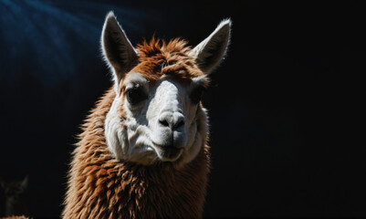 Obraz premium A brown alpaca stands in the shade, looking directly at the camera