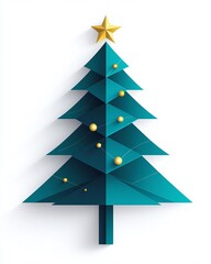 Obraz premium Modern Geometric Christmas Tree Illustration with Golden Ornaments and Star, Perfect for Holiday-Themed Designs and Festive Decorations