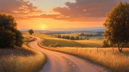 Fototapeta premium A gently sloping country road enveloped in the warm embrace of the setting sun, casting a golden glow on the surrounding fields and evoking a sense of nostalgia.