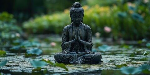 A serene depiction of a meditative statue, embodying tranquility and spirituality amidst a lush, green backdrop in a peaceful garden setting